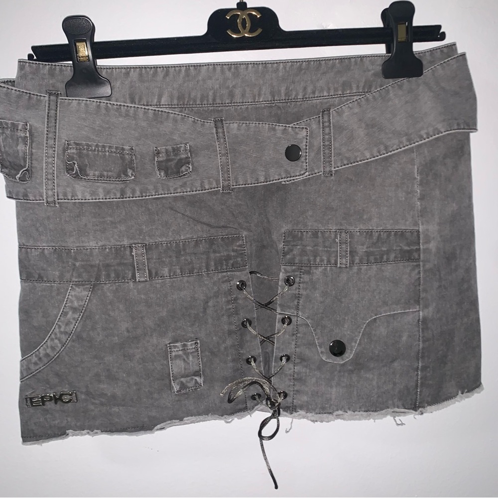 Epic Gray‎ Denim Cargo Mini Skirt with Lace-Up Detail #Goth #Y2K #whimsigoth